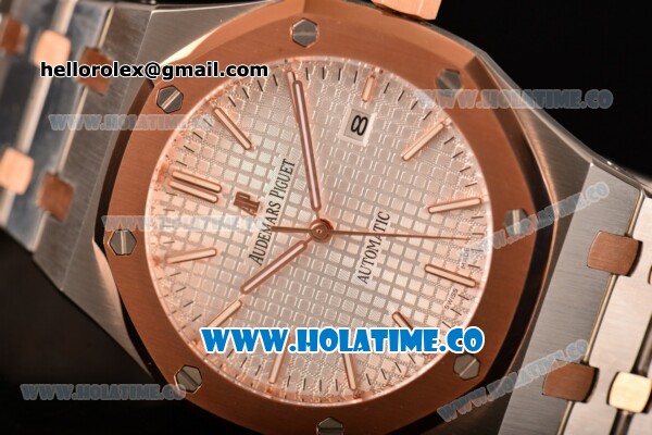 Audemars Piguet Royal Oak 41MM Clone AP Calibre 3120 Automatic Rose Gold/Steel Case with White Dial and Stick Markers - Rose Gold Bezel (EF) - Click Image to Close